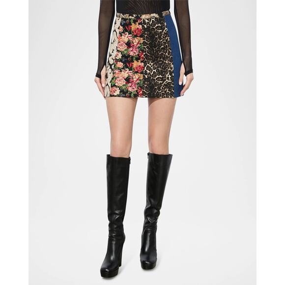 ALICE + OLIVIA Riley Denim Mixed-Media Mini Skirt - Picture 1 of 14